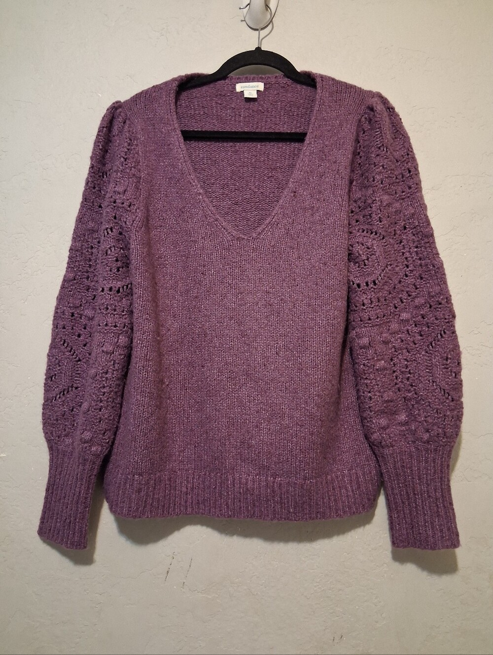 Sundance Yessica Sweater Open Knit Sleeve Women Purple XL Quiet Luxury Preppy